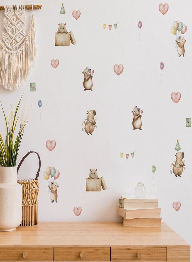 ملصقات جدارية من Alwayspon، 26 ملصقًا بتصميم حيوان الكابيبارا اللطيف، بالون وردي، ملصقات جدارية سهلة اللصق والإزالة لتزيين جدران غرف المعيشة، غرف الأطفال، غرف النوم - Image 1